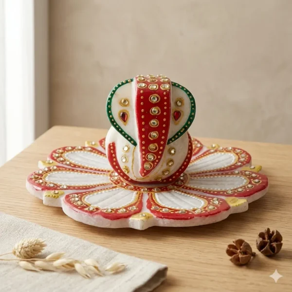 Handcrafted Marble Chowki with Lord Ganesha Idol
