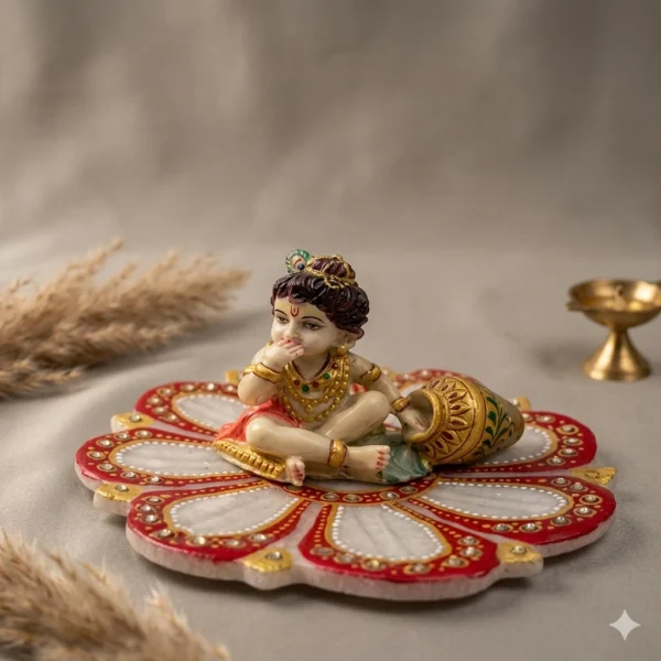 Handcrafted Marble Lotus Plate with Fabric Lord Krishna Idol