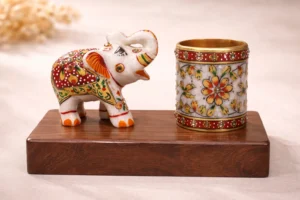 Marble Pen Stand with Decorative Elephant & Wooden Base