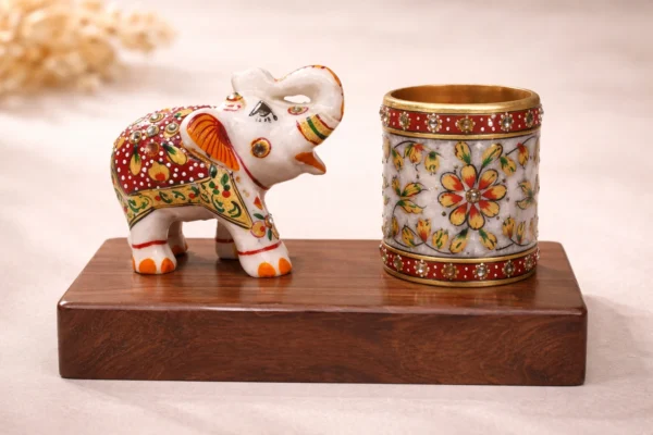 Marble pen stand and marble elephant with wooden stand
