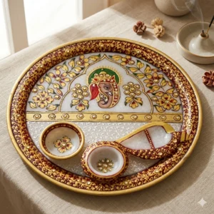 Premium Hand-Painted Marble Puja Thali with Lord Ganesha – 3 Piece Set