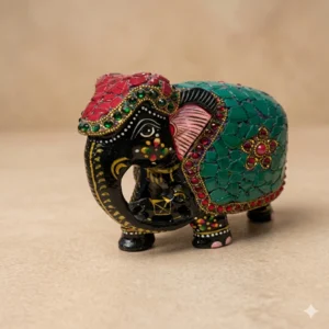 Wooden Elephant with Green Stone Work (Down Trunk)