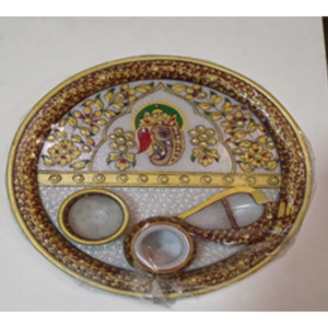 Marble puja thali with Lord ganesha handpainting including three articles.