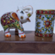 Marble pen stand and marble elephant with wooden stand.