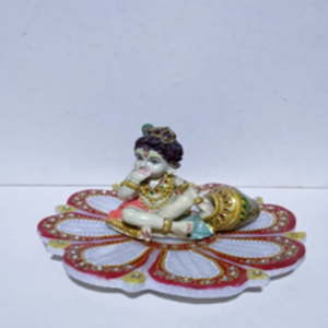 Marble lotus plate with fabric Lord krishna.