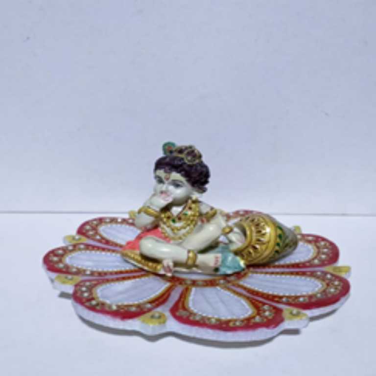 Marble lotus plate with fabric Lord krishna.