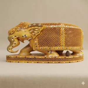 Wooden Hand Carved Jali Elephant with Baby